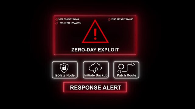 Cybersecurity zero-day exploit warning interface with red alert notification, digital threat detection system, network security breach response protocol, and emergency data protection hud overlay