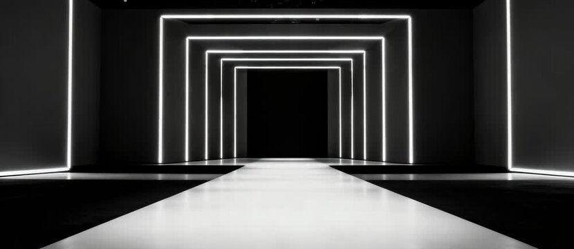 Minimalist Empty Fashion Runway With Geometric Glowing LED Light Frames in a Dark Abstract Studio Setting for Modern Event Presentations