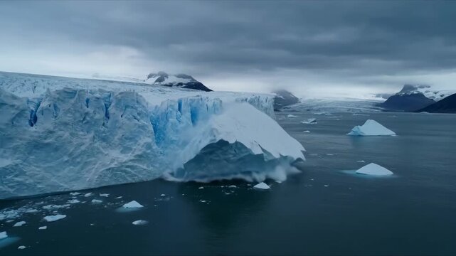 Glacier ice landscape with mountains and iceberg formations on cloudy day, beauty of nature.