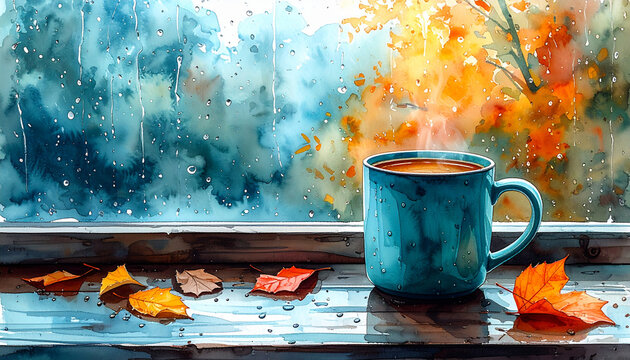 Steaming mug on wooden windowsill with autumn leaf and rain streak through cold window, watercolor illustration, cozy morning mood