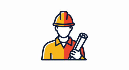 Fototapeta premium Construction Engineer Architect Icon with Hard Hat and Blueprints Vector Illustration