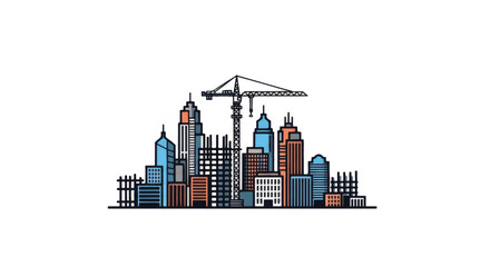 Naklejka premium City Construction Site Vector Illustration with Skyscrapers and Tower Crane