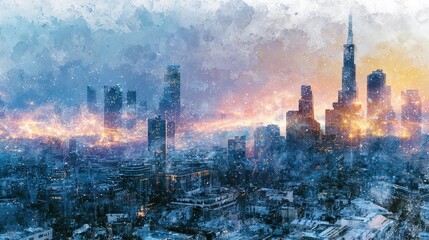 Fototapeta premium Digital transformation city, old-to-new tech fusion with glowing network overlays, futuristic watercolor style, Watercolor style.