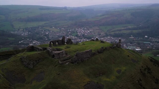 Aerial View of Castell Dinas Br&acirc;n Ruins Overlooking Llangollen Valley, Wales