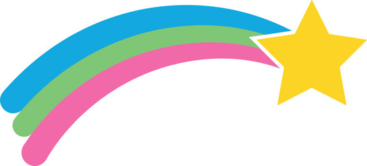 Colorful shooting star vector icon with rainbow trail tail featuring yellow star blue green and pink stripes isolated on white background illustration © MstBizly