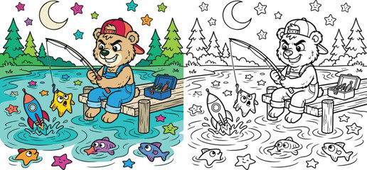 Fototapeta premium rocket catching star fish flying in sky cloud cartoon clipart and lineart print vector illustration for color coloring book