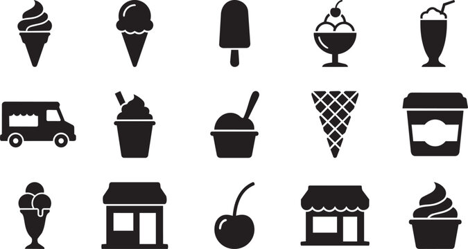 Black Ice Cream, Frozen Treat, Dessert Icons, Vector Set of 16