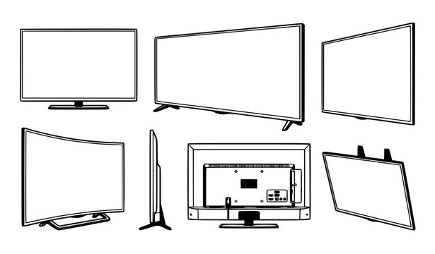 Modern Television Screen Vector Mockup Set Featuring Flat and Curved Display Formats from Various Perspective Angles for Smart Media Application Presentation Layouts