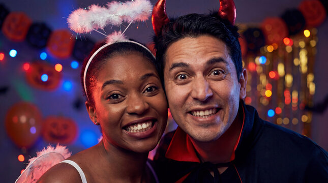 Halloween party young couple devil angel costumes romantic playful for celebration dating love friendship social gathering marketing greeting card poster design