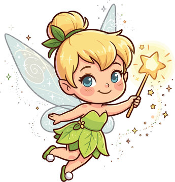 Cute little fairy girl vector character flying with magic wand star dust and glitter wearing green dress isolated on white background illustration.