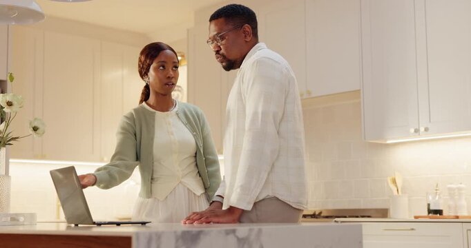 Finance, serious or black couple in house with laptop, payment pressure or bankruptcy in money management. Worry, debt or people in kitchen with tech, missing bill or conversation on taxes mistake.