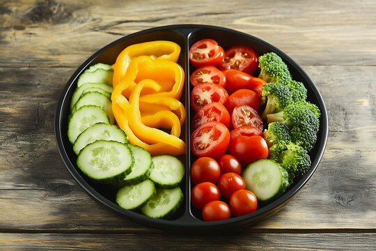 Fresh cut vegetables in a divided plate on a rustic wooden table