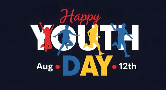 Happy youth day august 12th celebration graphic with running silhouettes and bold typography on dark background celebration silhouette lifestyle typography