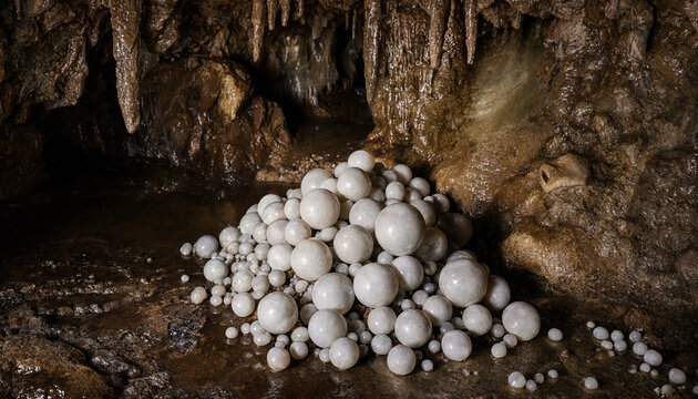 A pile of smooth white cave pearls resting on the damp rocky floor of a dark limestone cavern with stalactites visible in the background