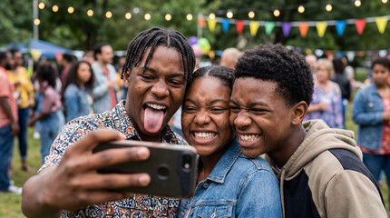 Fototapeta premium Independence Day outdoor party African American teenagers taking selfie with playful expressions for patriotic celebration freedom summer gathering youth social media marketing