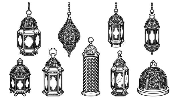 Hanging Arabic Lanterns and Islamic Fanous Lamp Vector Set with Intricate Details for Ramadan Mubarak, Eid Celebrations, and Middle Eastern Cultural Background Designs