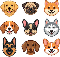 Cute dog breed face avatar icon set featuring smiling golden retriever pug shiba inu bulldog husky corgi isolated on white background vector illustration. © MstBizly