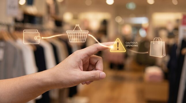 Consumer Confidence - A hand guides a spending line from a wallet to grocery, hesitates, then weakens toward retail in a clean, minimal scene showing cautious spending.