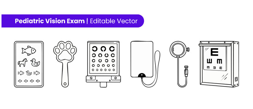 Pediatric vision exam vector icons set for child eye test clinic diagnostics featuring tumbling e chart landolt c ring animal symbol test and pediatric optometry equipment line art illustration pack.