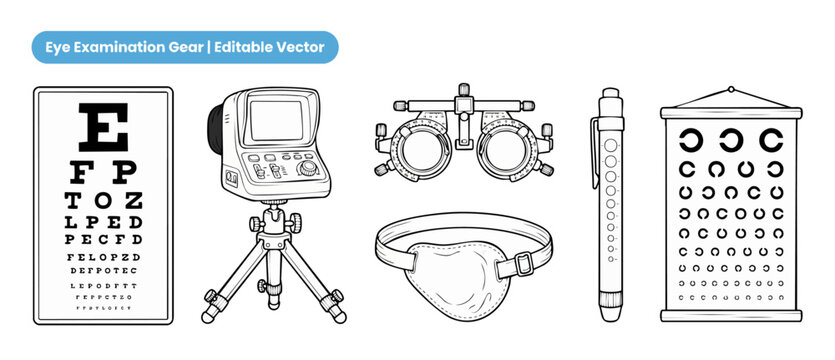 Eye exam equipment vector icons for vision testing and optometry clinical diagnostics in clean black outline style featuring phoropter trial frame, Snellen chart, eye patch, and penlight graphics.