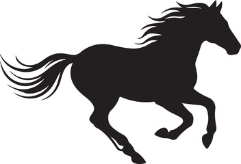 Black silhouette of a powerful horse running fast with a flowing mane and tail in a dynamic motion pose © Kabir 2.0