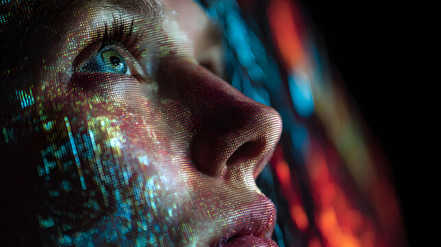 Introspective portrait hyper realistic digital futuristic face close up colorful technology light emotion hyper realistic introspective portrait of face close up illuminated by colorful digital