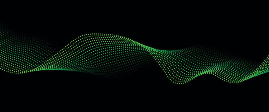 Flowing dots particles wave pattern green isolated on green, black background gradient. Vector in concept of technology, science, music,