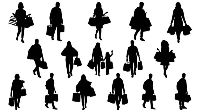 Silhouettes of people walking with luggage and handbags in a casual group isolated on transparent background, Vector