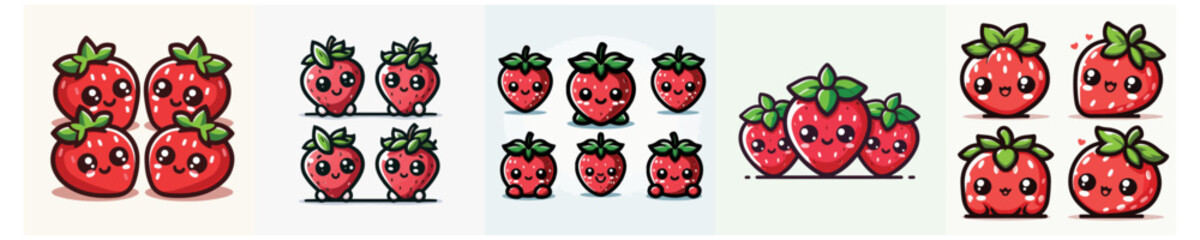 Cute strawberry cartoon character mascot set, kawaii red berry fruit illustration vector bundle © Sromben