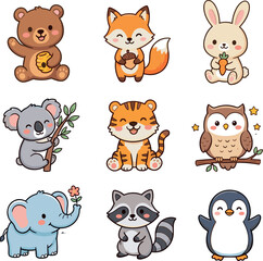 Obraz premium Cute hand drawn kawaii woodland and safari wild animals vector sticker collection set featuring baby bear fox elephant penguin koala isolated on white.