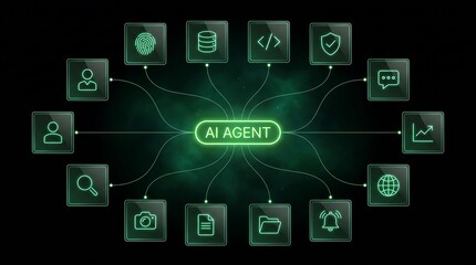 Fototapeta premium Futuristic Green Hologram Network Diagram for AI Agent Ecosystem, Data Nodes Visualization with Connected Neural Network Architecture and Digital Interface