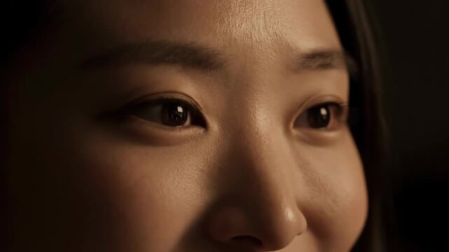 Close-up on Asian woman's face, eyes focused, dark background, dramatic lighting. Beauty and skincare concept.