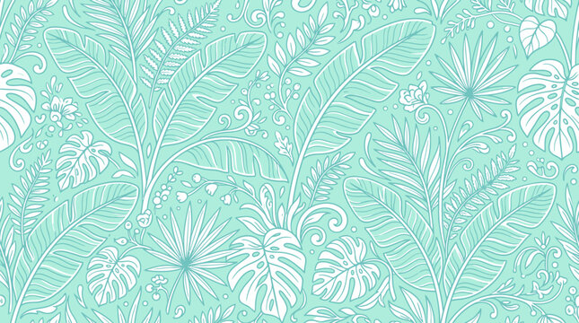 Hand drawn pattern of tropical leaves and flowers on a mint green background with white illustrations