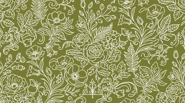 Hand drawn pattern adorns a beautiful vintage green floral wallpaper design