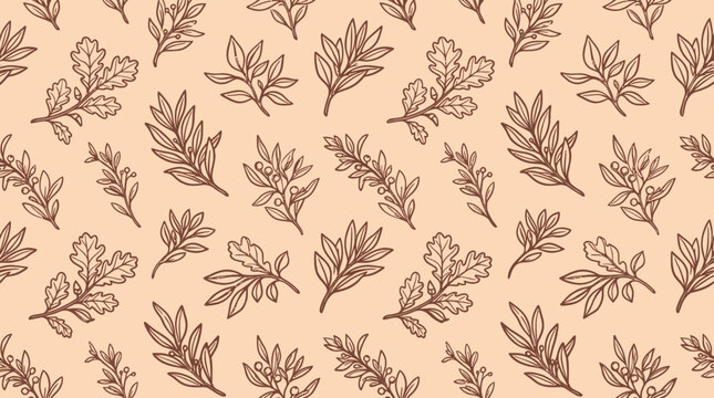 Hand drawn pattern of various leaves on a peach background