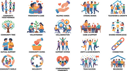 Fototapeta premium Community Togetherness and Social Support Icon Collection – 20 Relationship Illustrations