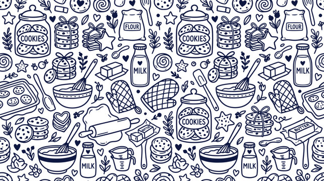 The scene displays a Hand drawn pattern of kitchen utensils and food items arranged seamlessly.