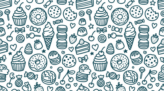 A vibrant Hand drawn pattern featuring sweet treats like cupcakes and donuts