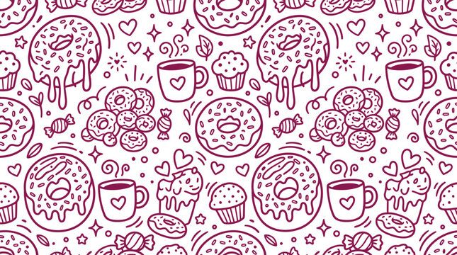 A hand drawn pattern featuring a vibrant assortment of sweet treats and beverages on a decorative background.