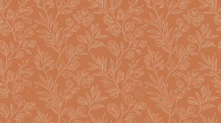 Fototapeta premium A beautiful Hand drawn pattern of floral leaves on an orange background with white illustrations.