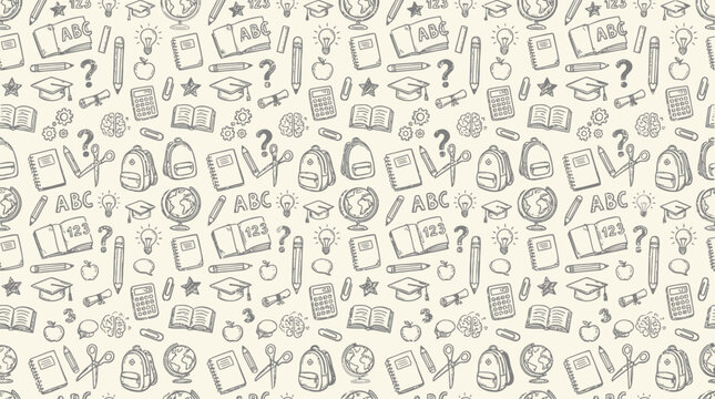 Hand drawn pattern of educational icons on a seamless background