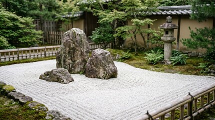 Fototapeta premium Peaceful japanese zen garden with raked white gravel and rocks