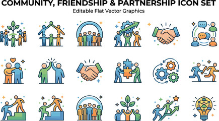 Fototapeta premium Community, Friendship and Partnership Icon Set – Editable Flat Vector Graphics