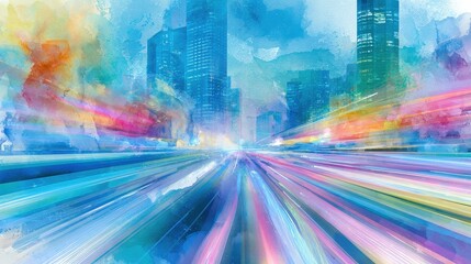 Obraz premium High speed fiber internet concept, luminous strands running through underground and skyscrapers, Watercolor style.