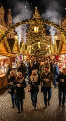 Fototapeta premium People walking through a festive Christmas market in a European city square at night.