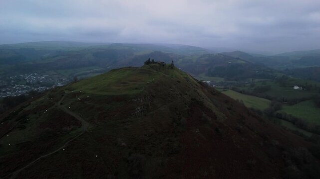 Aerial View of Castell Dinas Br&acirc;n Ruins Overlooking Llangollen Valley, Wales