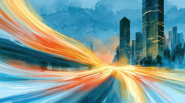 High speed fiber internet concept, luminous strands running through underground and skyscrapers, Watercolor style.