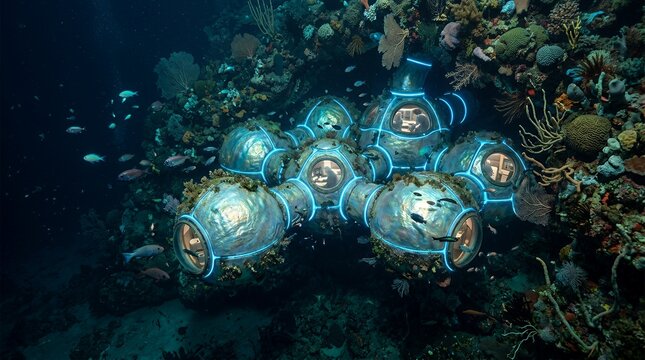 Bioluminescent underwater research base with glowing spherical pods.