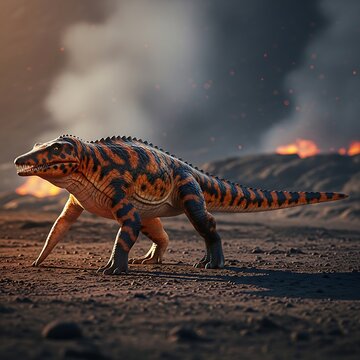 Prehistoric Postosuchus Reptile Walking Through Volcanic Landscape.