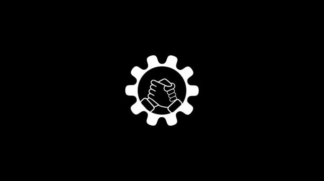 Business partnership concept animation: handshake inside rotating gear for corporate collaboration and industrial synergy